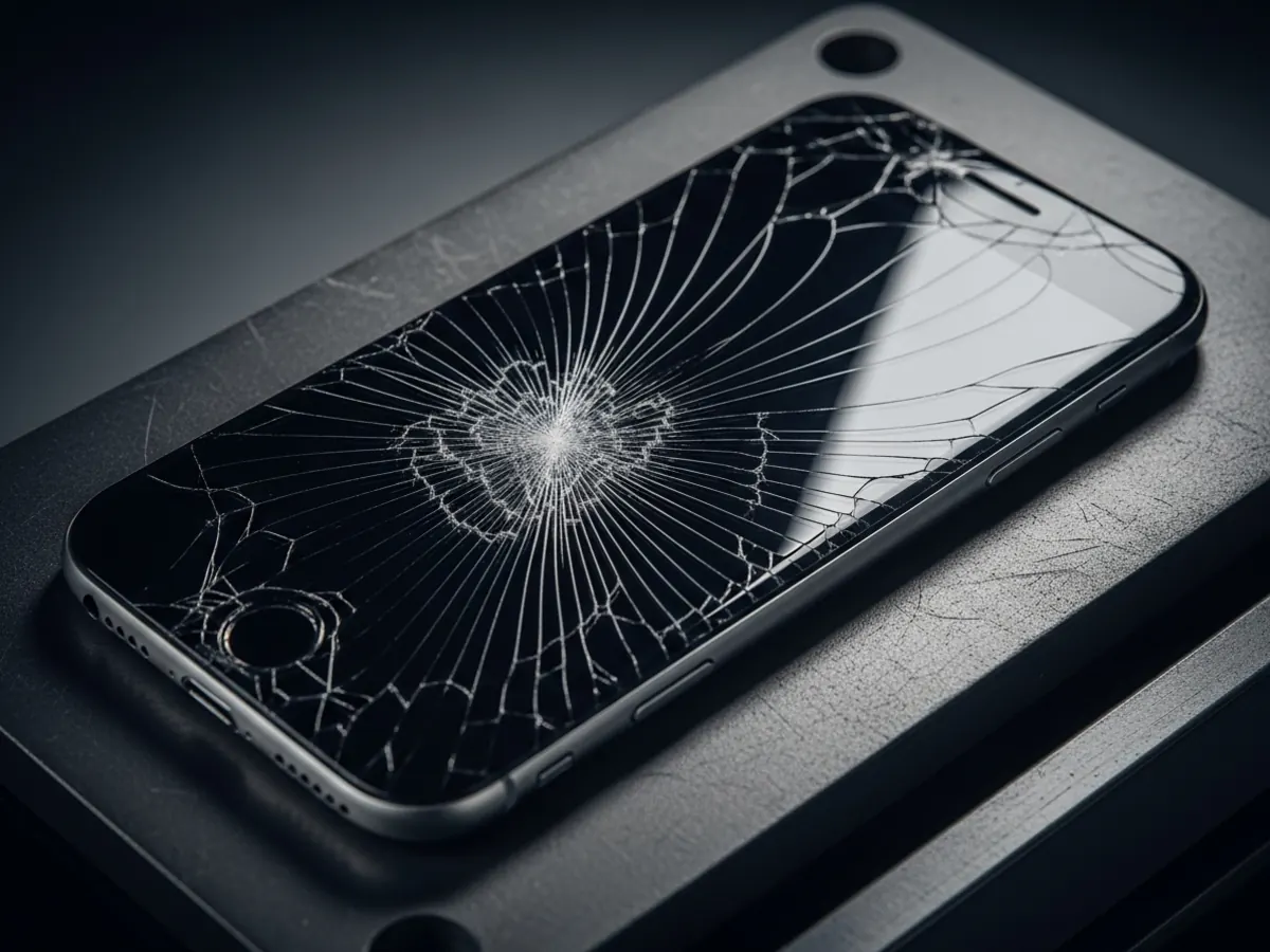 iPhone com ecrã totalmente estilhaçado em padrão de teia de aranha