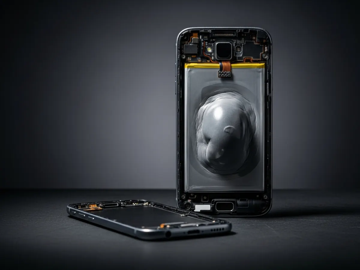 Samsung Galaxy aberto com bateria de lítio inchada e deformada