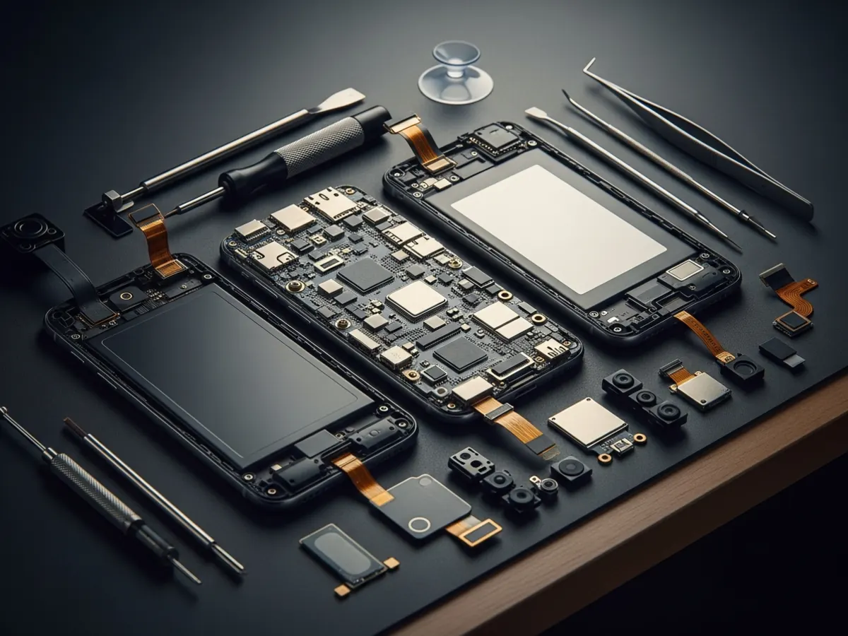 Xiaomi smartphone aberto a meio da reparação mostrando componentes internos