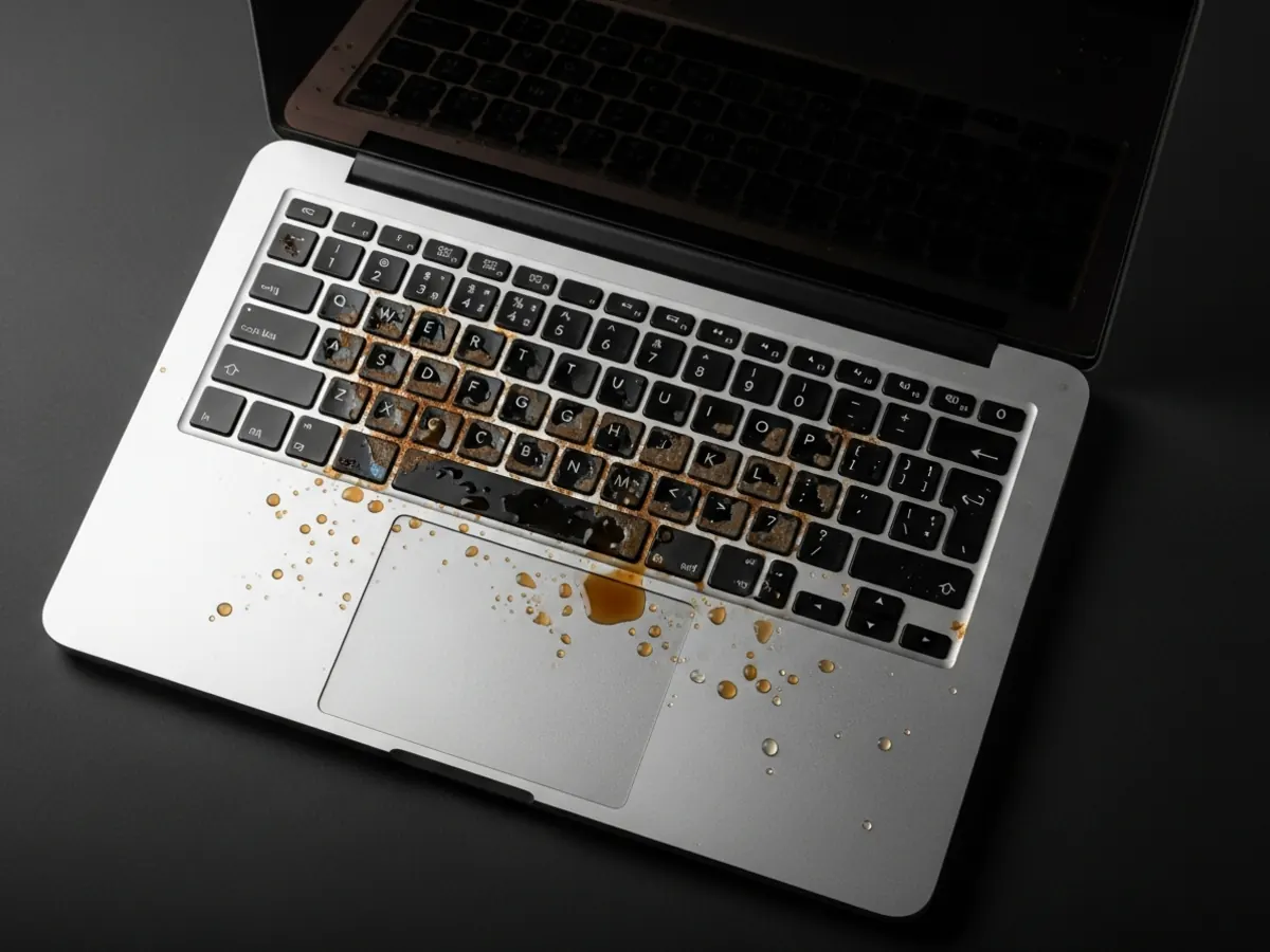 MacBook aberto com líquido derramado sobre o teclado e marcas visíveis